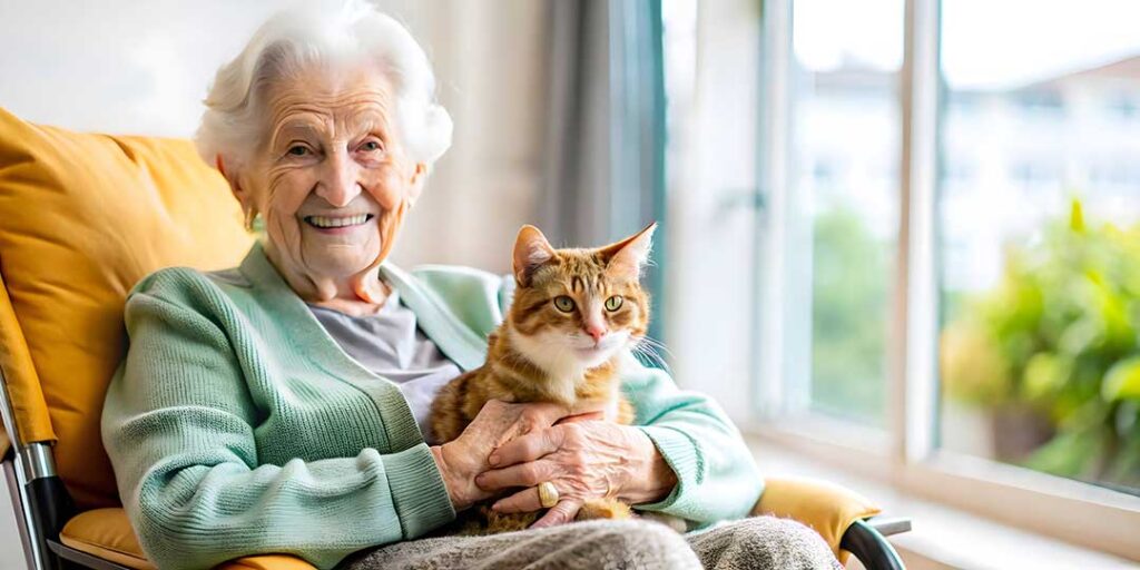 Social worker reviewing a care plan with an older resident and family member in a bright assisted living room.