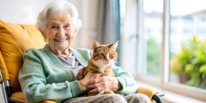 Social worker reviewing a care plan with an older resident and family member in a bright assisted living room.